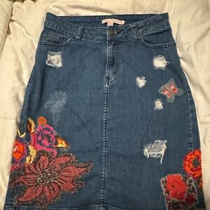 Cecilia Prado Floral Butterfly Embroidered Denim Skirt Size Small